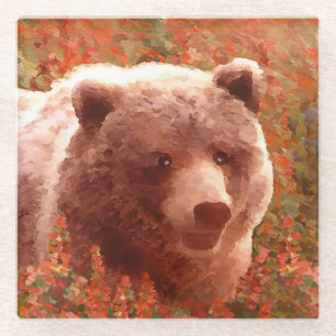 Dessous-de-verre En Verre Grizzly Bear Cub dans Fireweed Peinture Art de la