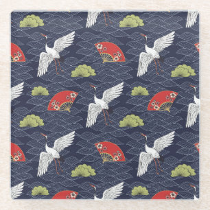 Dessous-de-verre En Verre Grues et ventilateurs japonais : Motif Vintage