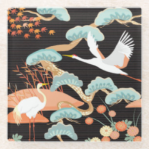 Dessous-de-verre En Verre Grues, hérons : motif japonais d'oiseaux.