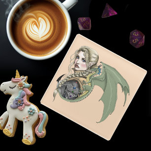 Dessous-de-verre En Verre Guerrière Elfe Dragon Fantastique Magique Médiéval