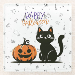 Dessous-de-verre En Verre Happy Halloween chat et citrouille