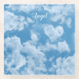 Dessous-de-verre En Verre Heart Cloud Ciel mignon Amusant Moderne Bleu Nom P