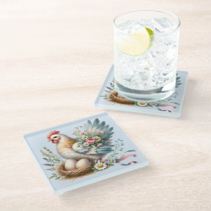 Dessous-de-verre En Verre Hen Floral aux Oeufs Charme Vintage Ferme