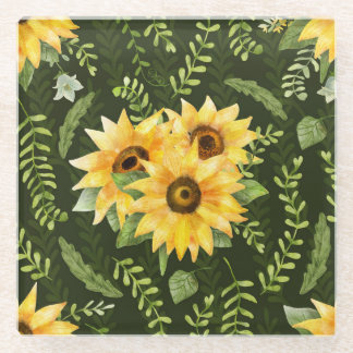 Dessous-de-verre En Verre Herbes de tournesols Feuille Motif d'aquarelle