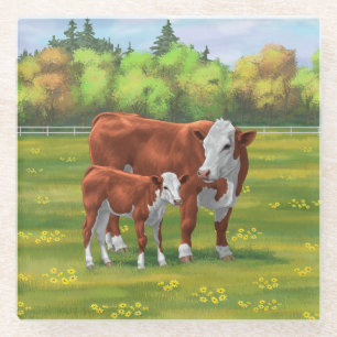 Dessous-de-verre En Verre Hereford Cow & Cute Calf dans les pâturages d'été