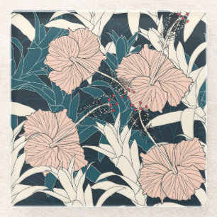 Dessous-de-verre En Verre Hibiscus rose tropical, arrière - plan sombre