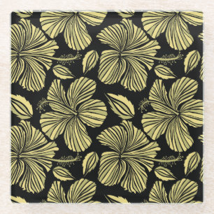 Dessous-de-verre En Verre Hibiscus Tropical : Fleurs Vintages Noir-Jaune.