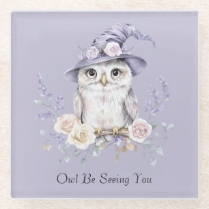 Dessous-de-verre En Verre Hibou Blanc Chapeau Violet Fleurs Jolis