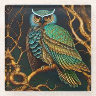 Dessous-de-verre En Verre Hibou Turquoise et Or