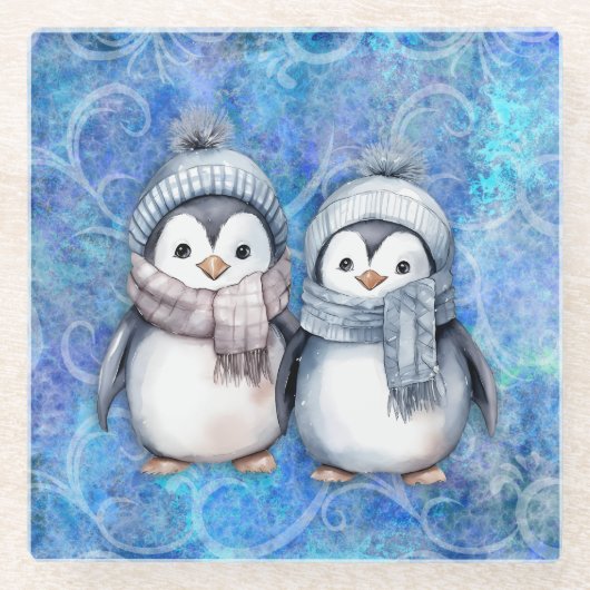 Dessous-de-verre En Verre Hiver Bleu Aquarelle Pingouins Écarts Casquette (Devant)