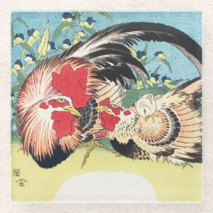 Dessous-de-verre En Verre Hokusai Art Japonais Vintage Coq Poule Fleurs