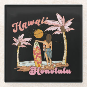 Dessous-de-verre En Verre Honolulu Hawaï Rétro Surf Plage Tropicale