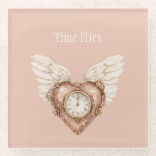 Dessous-de-verre En Verre Horloge Cardiaque Ailes Blanches Le Temps Passe