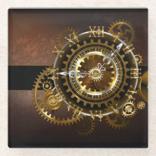 Dessous-de-verre En Verre Horloge Steampunk avec des engrenages anciens