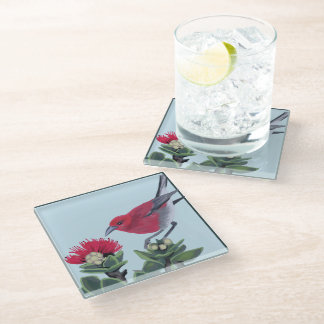 Dessous-de-verre En Verre Illustration de la nature hawaïenne Apapane et fle