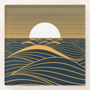 Dessous-de-verre En Verre Illustration de lune de soleil stylisée, mer sombr