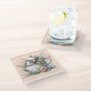 Dessous-de-verre En Verre Illustration d'une souris mignonne dans une théièr