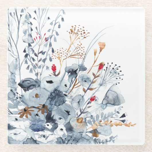 Dessous-de-verre En Verre Indigo et ocre - fleurs d'aquarelle (Devant)