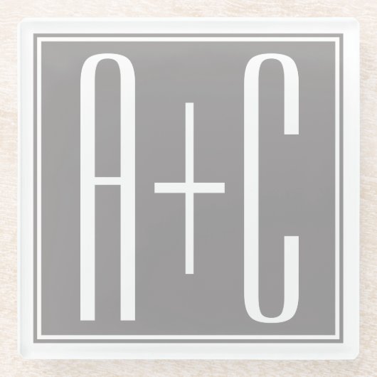 Dessous-de-verre En Verre Initiales de couple modifiables | Blanc et gris (Devant)