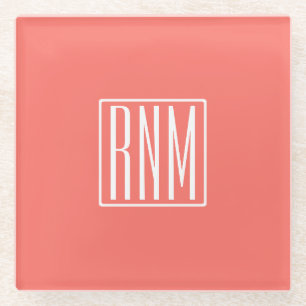 Dessous-de-verre En Verre Initiales Monogramme   Blanc Sur Corail