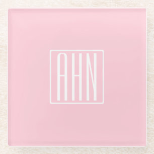 Dessous-de-verre En Verre Initiales Monogramme   Blanc Sur Rose Clair
