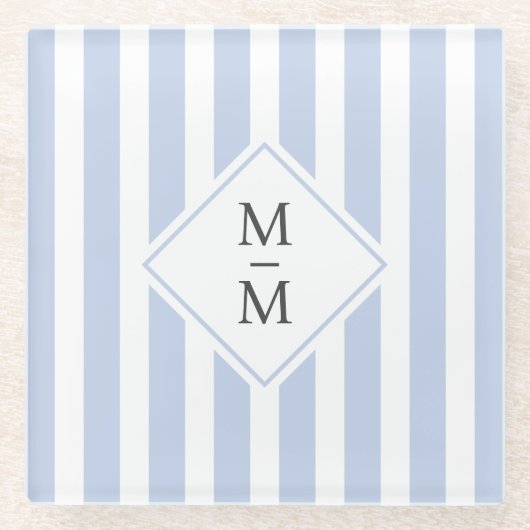 Dessous-de-verre En Verre Initiales monogrammes bleu clair pâle rayures blan (Devant)