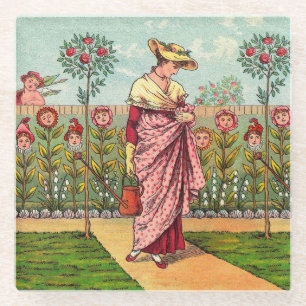 Dessous-de-verre En Verre Jardin Croître Fleur Femme Art Antique