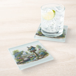 Dessous-de-verre En Verre Jardin de maisonnette à l'aquarelle avec nichoir à