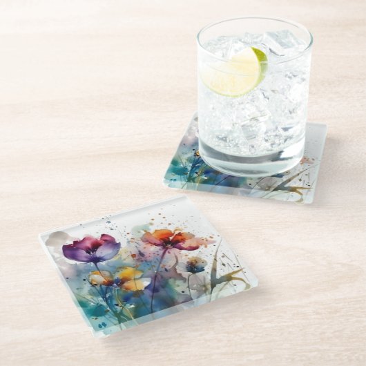 Dessous-de-verre En Verre Jardin Dreamscape : Fleurs d'aquarelle Abstraites (Incliné)