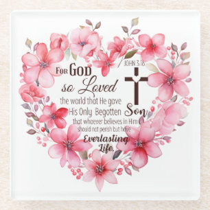 Dessous-de-verre En Verre Jean 3:16 Verse de la Bible du Coeur Floral