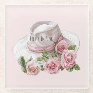 Dessous-de-verre En Verre Joli chapeau aux roses roses