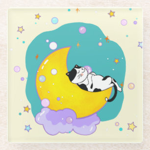 Dessous-de-verre En Verre Joli Chat en Smoking Endormi sur la Lune