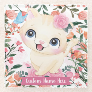 Dessous-de-verre En Verre Joli Chat Roses Roses Blush Fleurs Nom Personnalis
