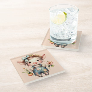 Dessous-de-verre En Verre Joli cochon Farmcore en salopette avec des fleurs