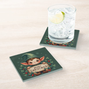 Dessous-de-verre En Verre Joli Lutin de Noël Tenant un Panneau Joyeux Vert
