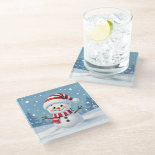 Dessous-de-verre En Verre Joli petit bonhomme de neige avec écharpe et chape