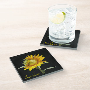 Dessous-de-verre En Verre Joli tournesol jaune sur fond noir