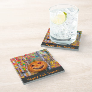 Dessous-de-verre En Verre Joli visage Citrouille d'Halloween