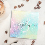 Dessous-de-verre En Verre Jolie Parties scintillant Holographique Iridescent<br><div class="desc">Une arrière - plan bokeh chic branchée aux belles couleurs pastel. Vous pouvez facilement personnaliser avec votre monogramme et/ou nom personnalisé.</div>