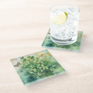 DESSOUS-DE-VERRE EN VERRE JOLIS TRÈS DÉLICATS TRÈFLES IRLANDAIS & PAPILLONS