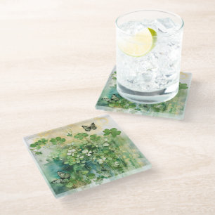 DESSOUS-DE-VERRE EN VERRE JOLIS TRÈS DÉLICATS TRÈFLES IRLANDAIS & PAPILLONS
