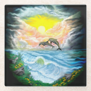 Dessous-de-verre En Verre Jouer aux dauphins sous le soleil