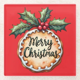 Dessous-de-verre En Verre Joyeux biscuit de Noël avec baies Holly