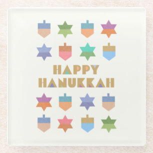 Dessous-de-verre En Verre Joyeux Hanoukka Dreidels and Stars