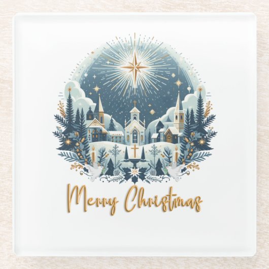 Dessous-de-verre En Verre Joyeux Noël bleu et or (Devant)