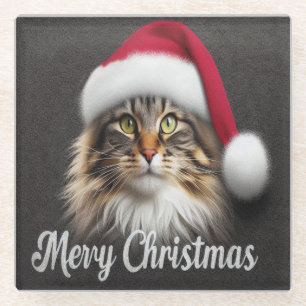 Dessous-de-verre En Verre Joyeux Noël Norvégien Chat Forêt, Père Noël Kitty