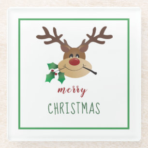 Dessous-de-verre En Verre Joyeux Noël Reindeer Mistletoe Green