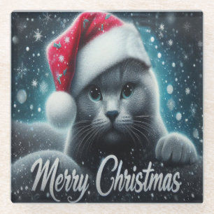 Dessous-de-verre En Verre Joyeux Noël Russe bleu Chat, Noël Père Noël Chat