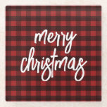 Dessous-de-verre En Verre Joyeux Noël Rustique Buffalo Plaid<br><div class="desc">Buffalo Plaid Script Calligraphie Joyeux Dessous de verre de Noël</div>