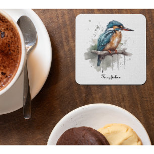 Dessous-de-verre En Verre Kingfisher assis sur une branche d'aquarelle